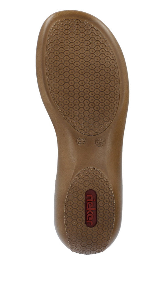 A brown shoe sole with a circular tread pattern and the word "rieker" in red.