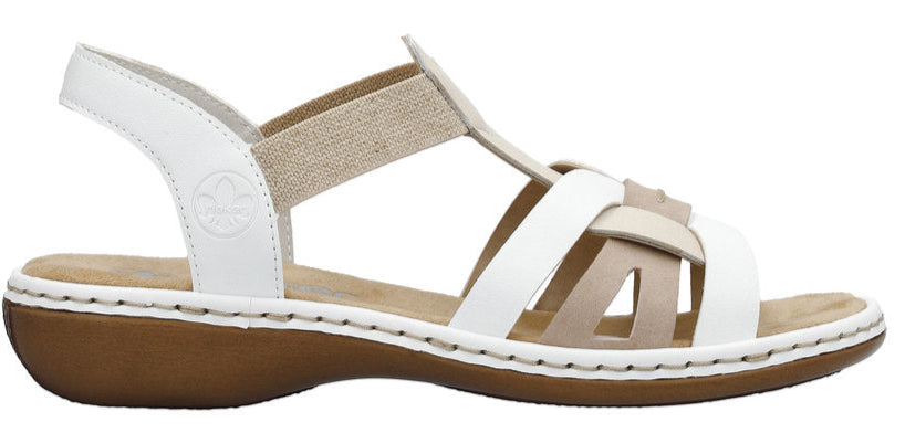 A white and tan sandal with interwoven straps.