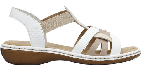 A white and tan sandal with interwoven straps.