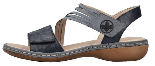 A blue and grey sandal with several straps.
