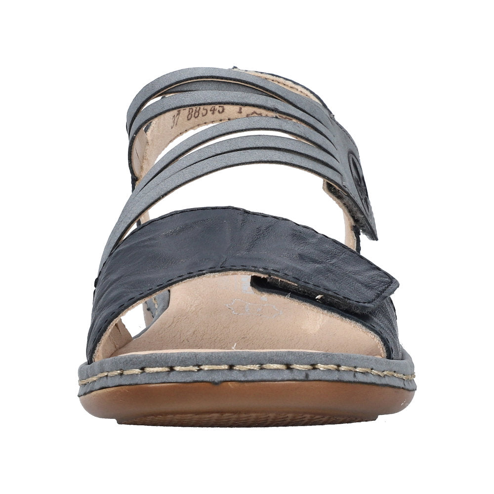 Front view of strappy sandal with adjustable velcro strap.