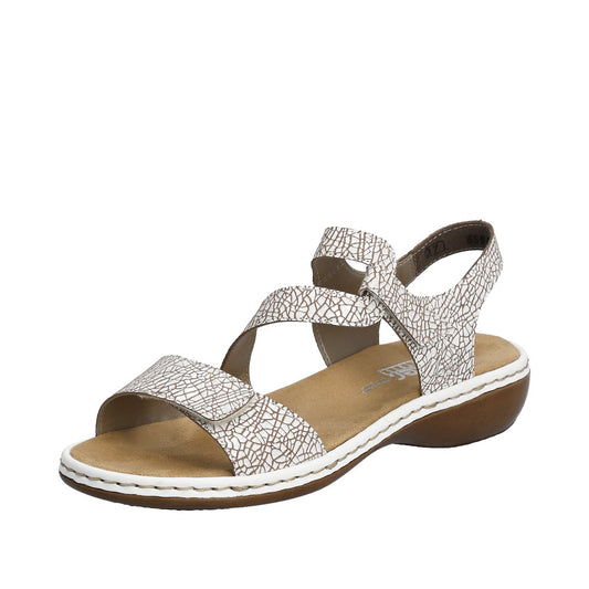 Sandals with adjustable straps and a white crackled pattern.