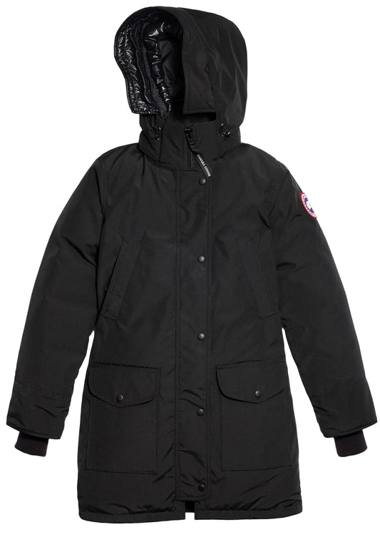 A black hooded winter parka featuring a front zipper with a snap-button placket, two large patch pockets with flaps, ribbed sleeve cuffs, and a circular emblem on the left upper sleeve.