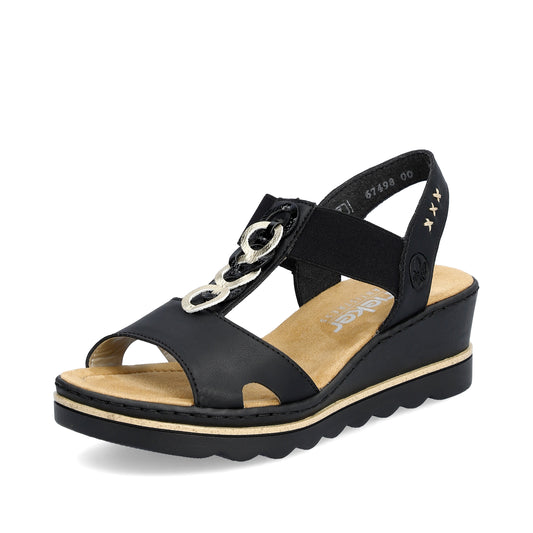 Black wedge sandal with toe strap, chain detail, and elastic back strap.