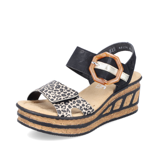 Black platform sandal with leopard print strap and a large brown buckle.