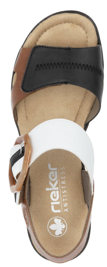 A sandal featuring black, brown, and white straps with a buckle.