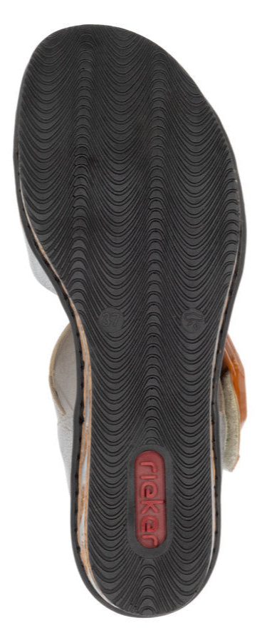 The sole of a sandal featuring the word "Rieker" in a red oval.