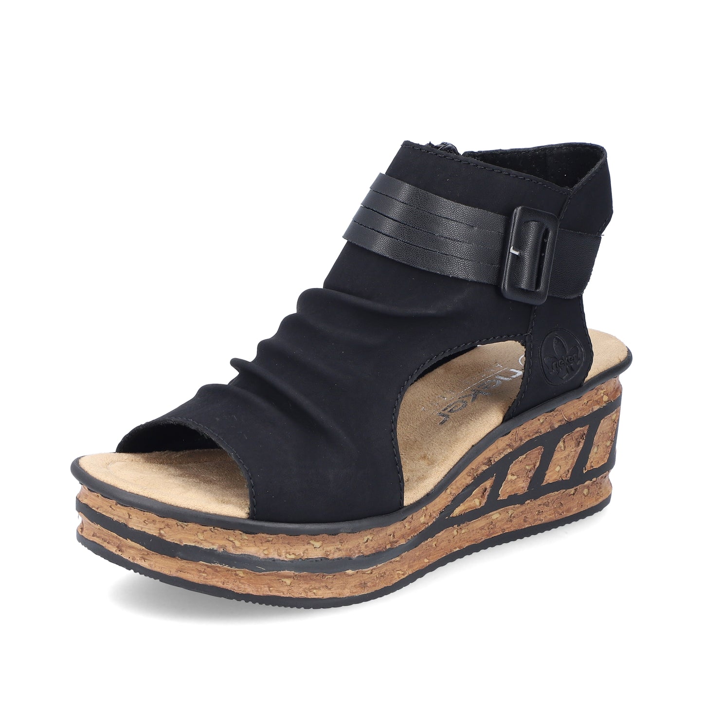 Black sandal bootie with open toe and platform wedge.