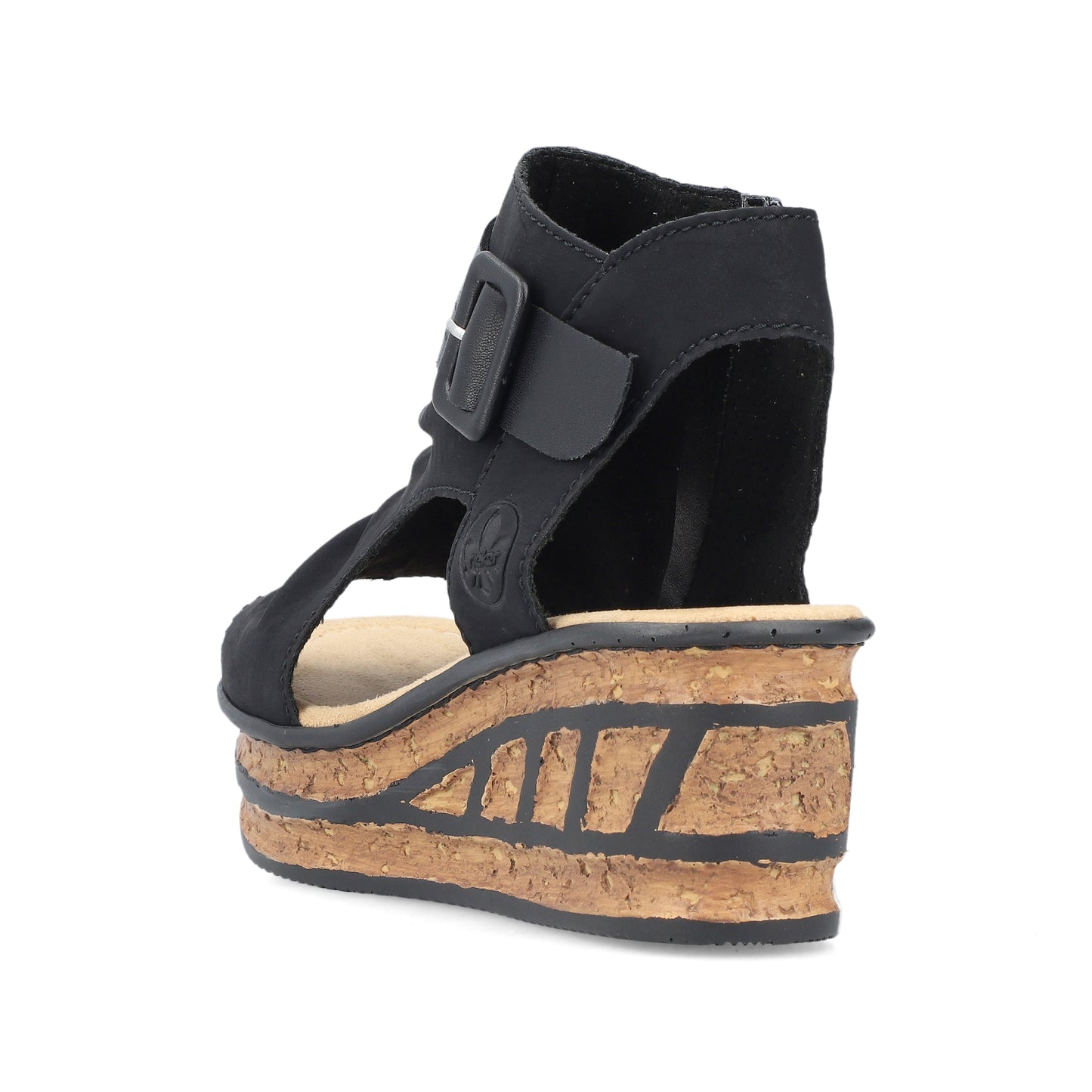 Back view of a platform sandal with an ankle strap and a cork wedge heel.