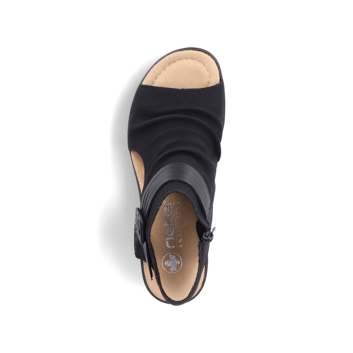 Overhead view of a black sandal with leather accents, beige sole, and side zipper.