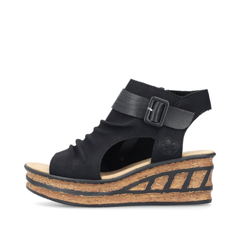 Black platform sandal with side buckle and open toe.