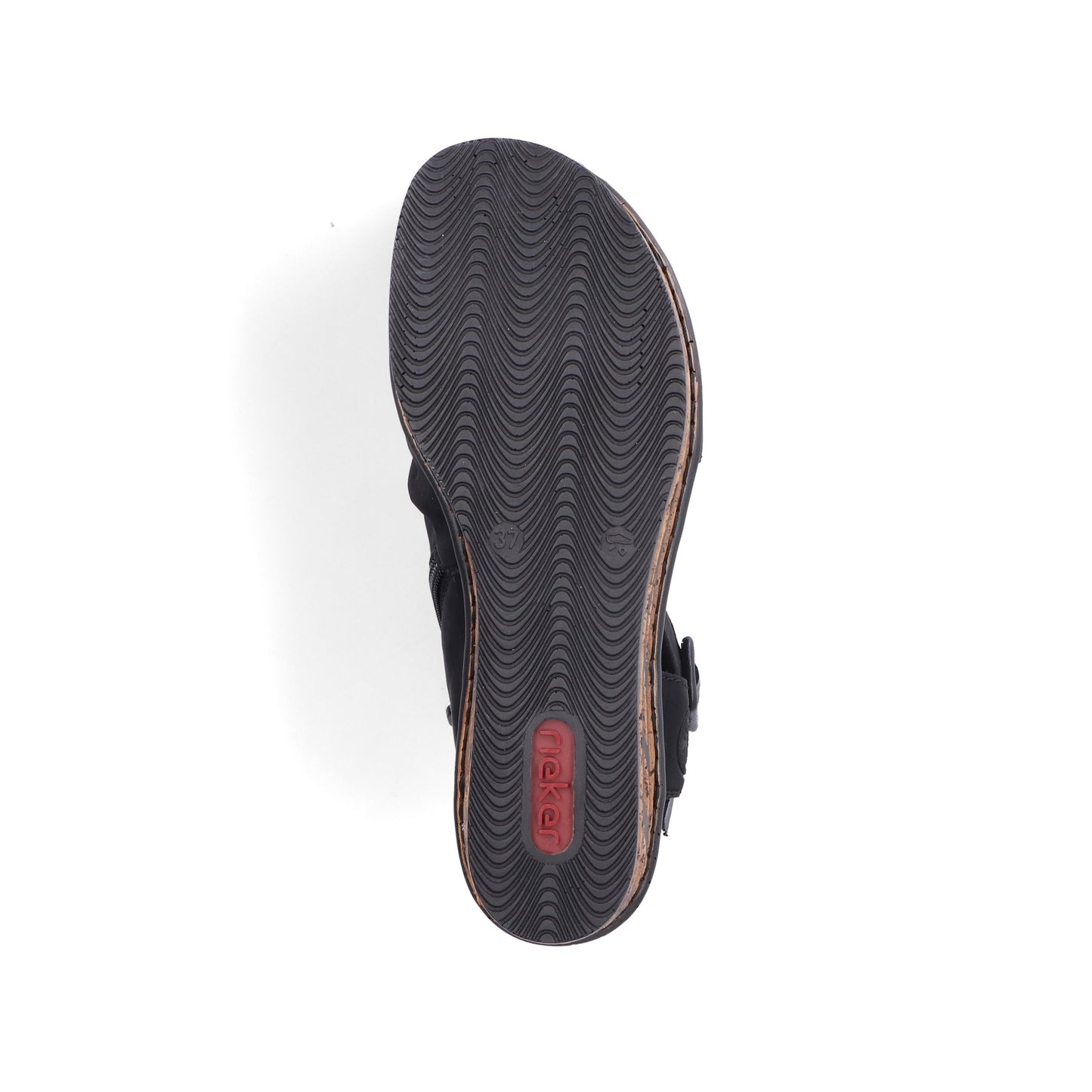 Black sandal sole with wavy pattern and a red circle text logo.