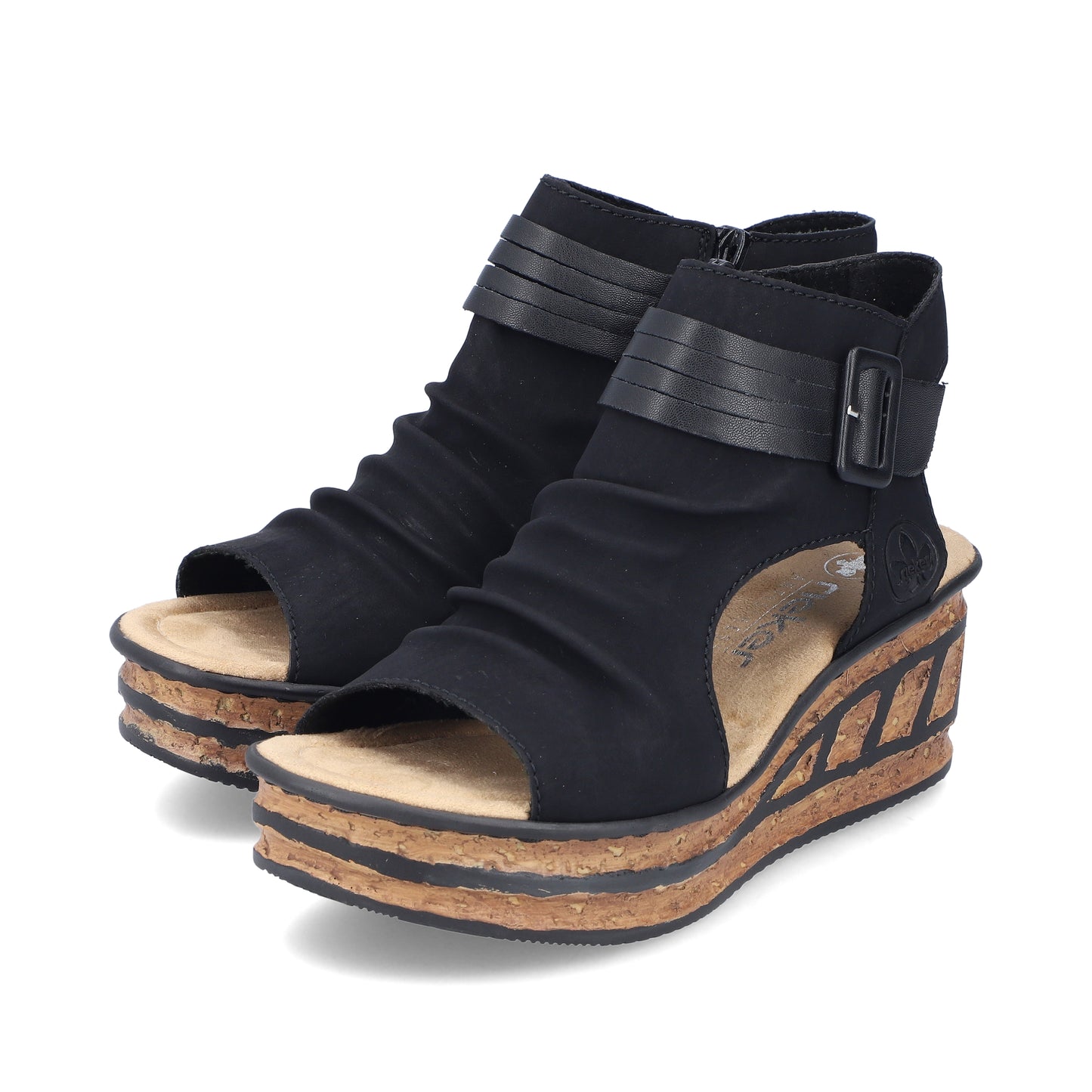 Pair of black, open-toed, platform wedge sandals with buckled ankle strap and cork trim.