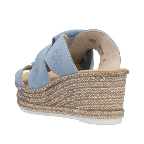 Light blue wedge sandal with intertwined straps and a rope-wrapped heel.