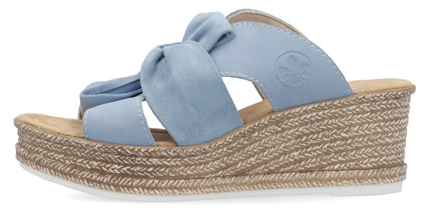 Light blue wedge sandal with a knotted strap.