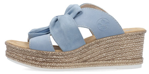 Light blue wedge sandal with a knotted strap.