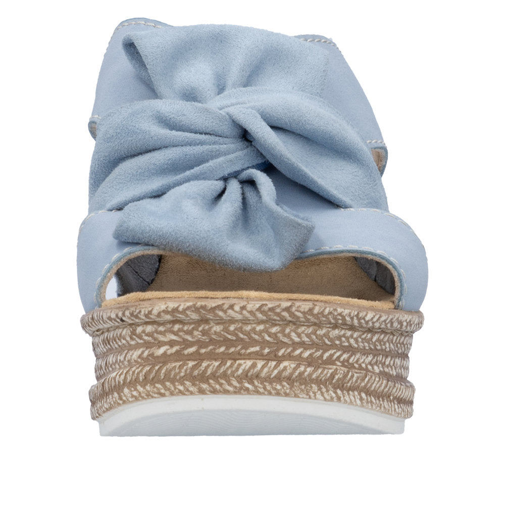 Front view of a light blue platform sandal with a knot.