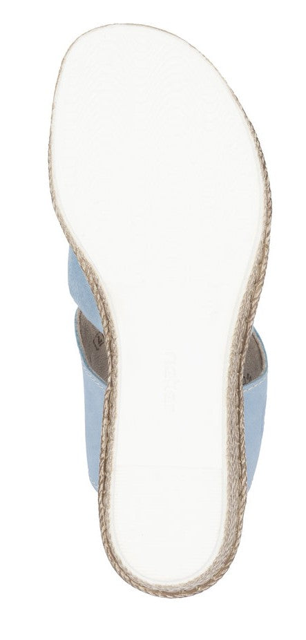 A light blue sandal with a white sole and a braided jute trim.