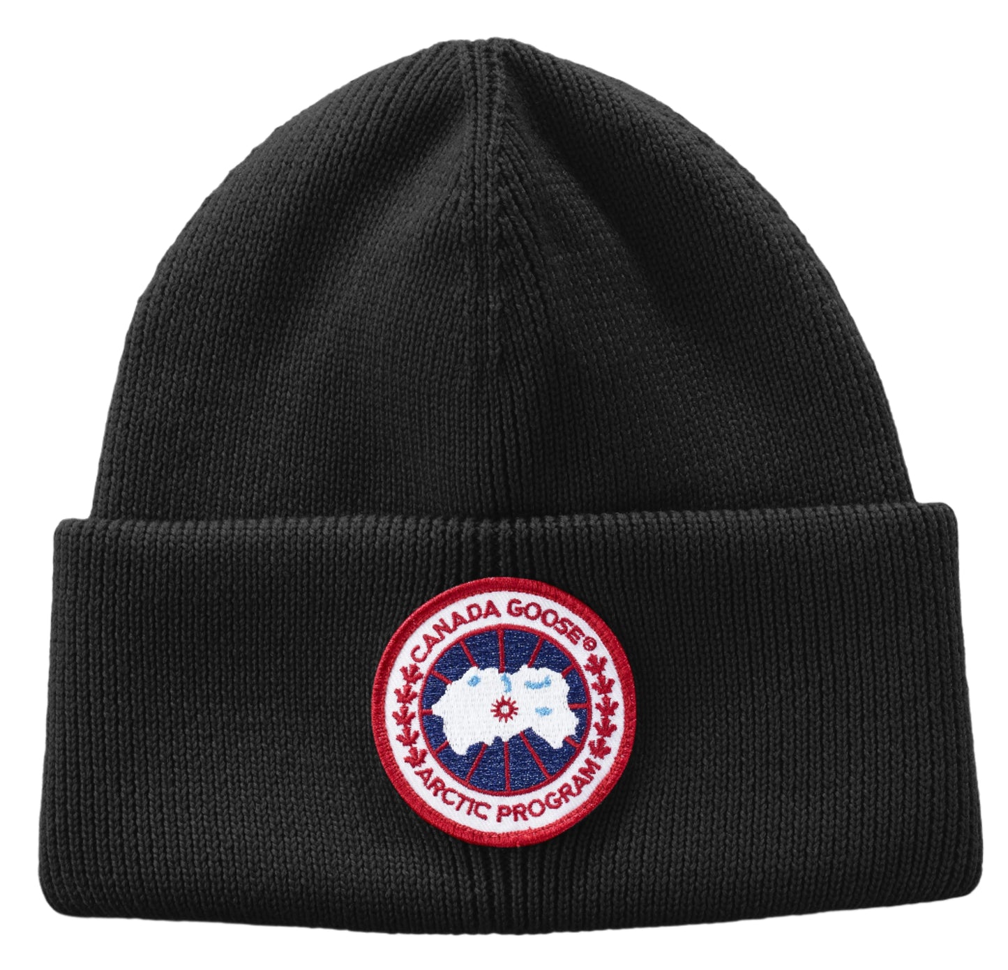 Black knit beanie hat with a circular patch of a map inside a red circle with text 'CANADA GOOSE ARCTIC PROGRAM'.
