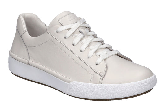 White leather sneaker with white laces and a white sole.