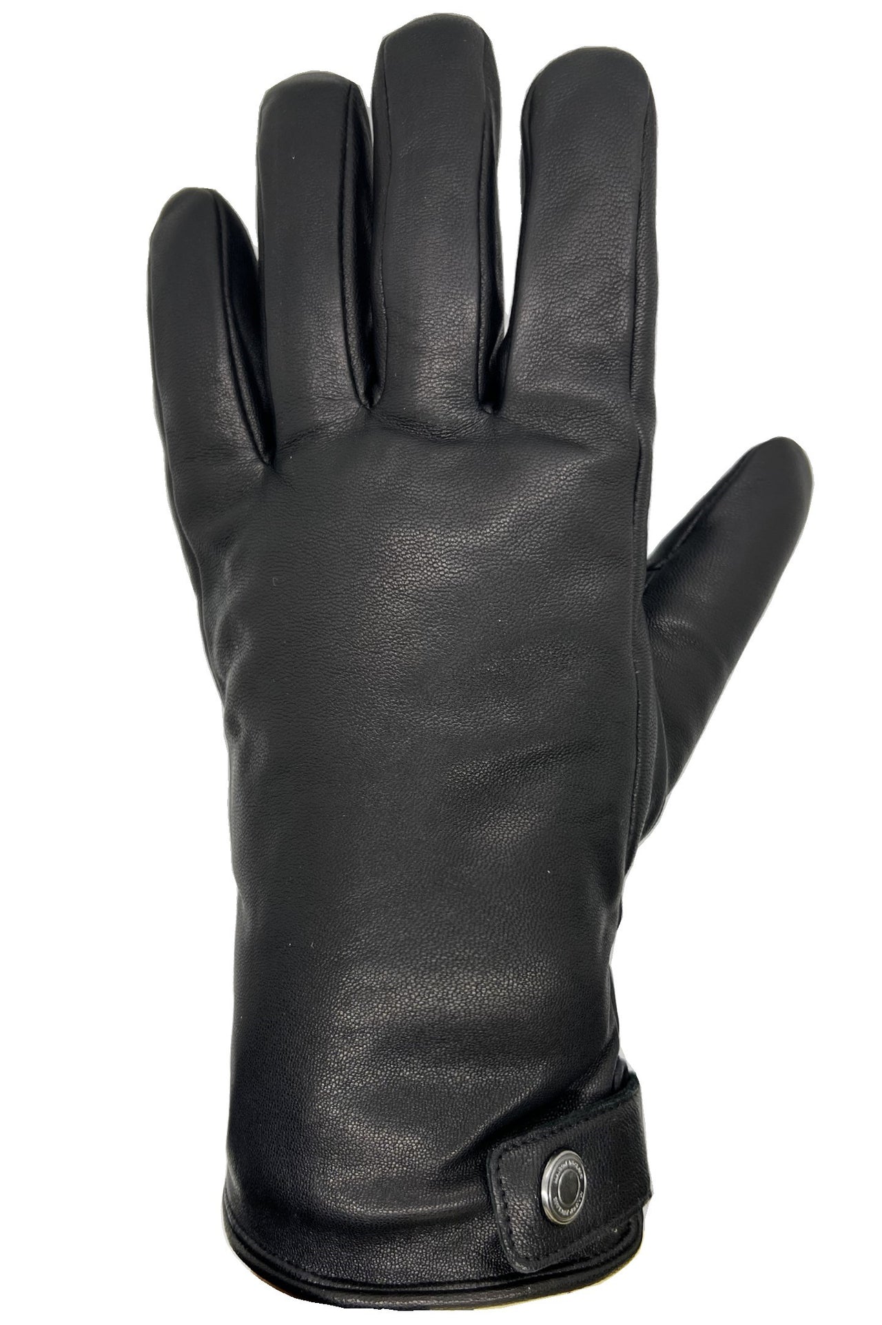 Black leather glove with five fingers and a wrist snap.