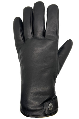 Black leather glove with five fingers and a wrist snap.