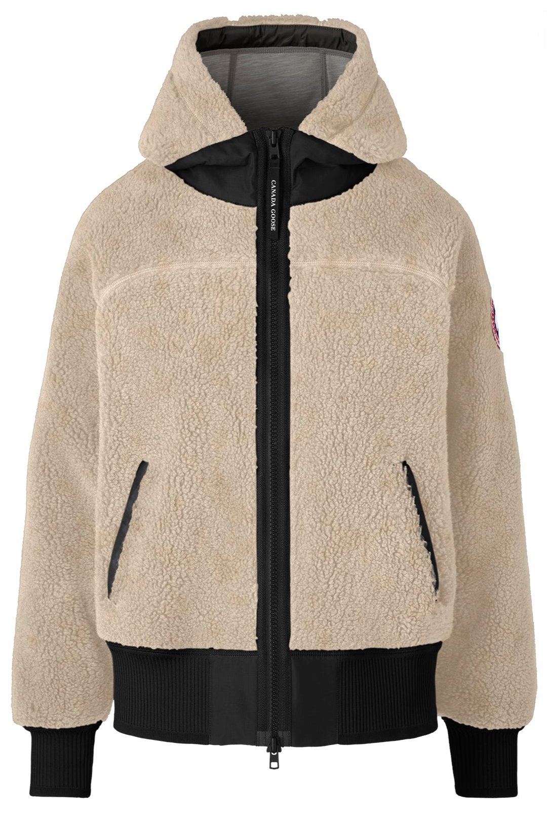 Fleece hooded jacket with black accents on zipper, pockets, hood lining, and cuffs.