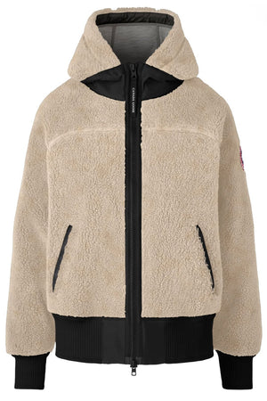 Fleece hooded jacket with black accents on zipper, pockets, hood lining, and cuffs.