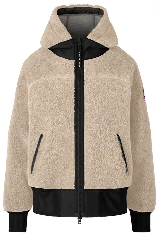 Fleece hooded jacket with black accents on zipper, pockets, hood lining, and cuffs.