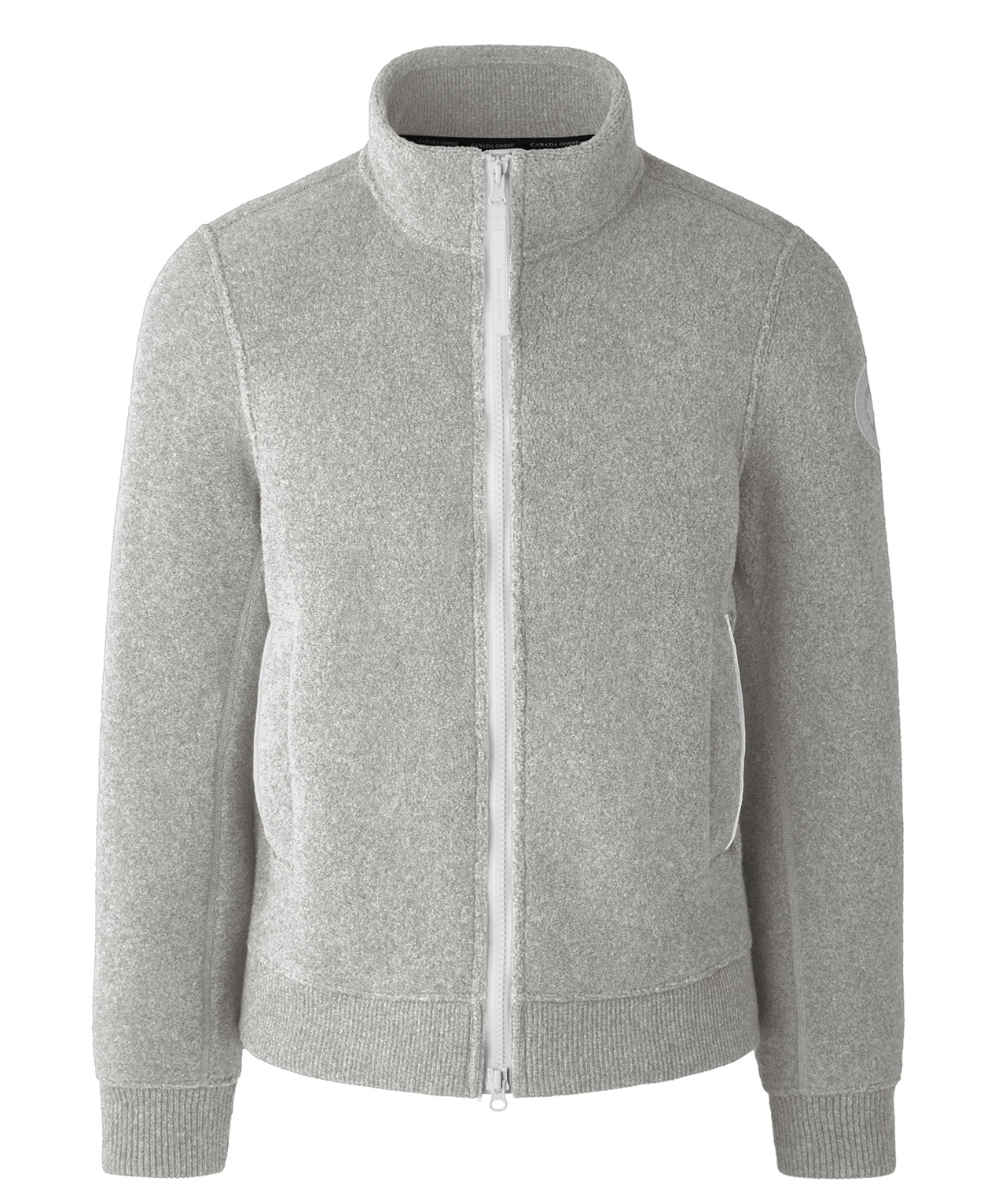 Grey wool bomber jacket with a white zipper and pockets.