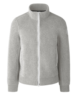 Grey wool bomber jacket with a white zipper and pockets.