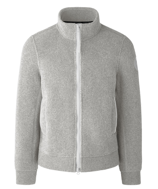 Grey wool bomber jacket with a white zipper and pockets.