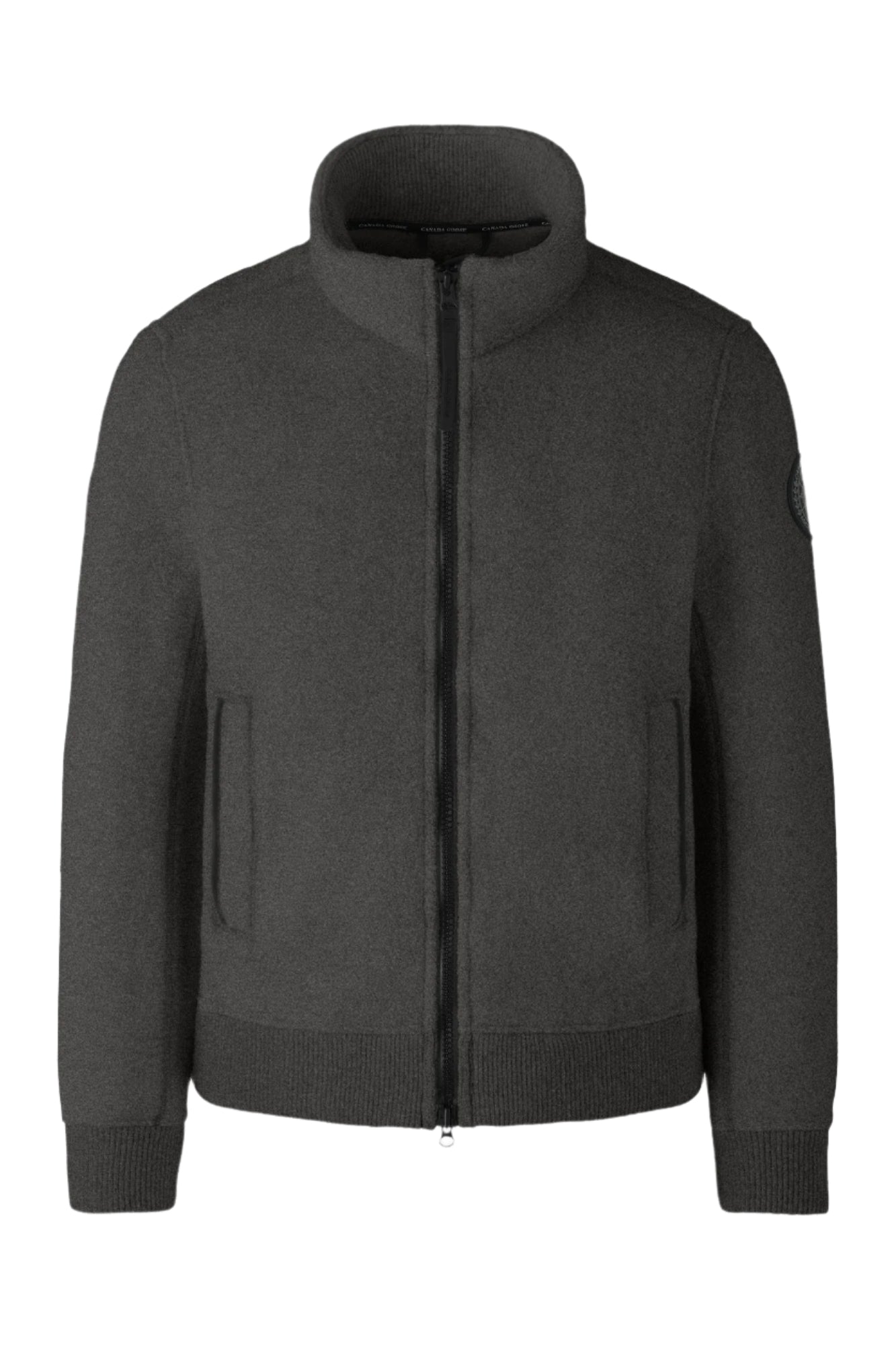 Charcoal gray fleece jacket with a full zipper and high collar.