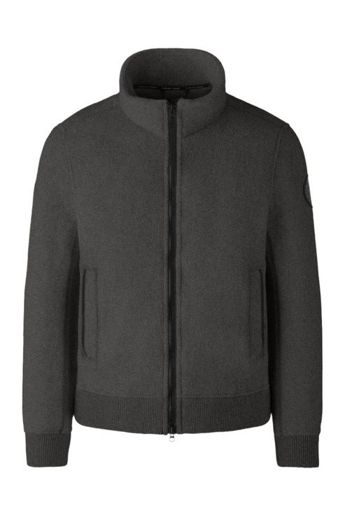 Charcoal gray fleece jacket with a full zipper and high collar.
