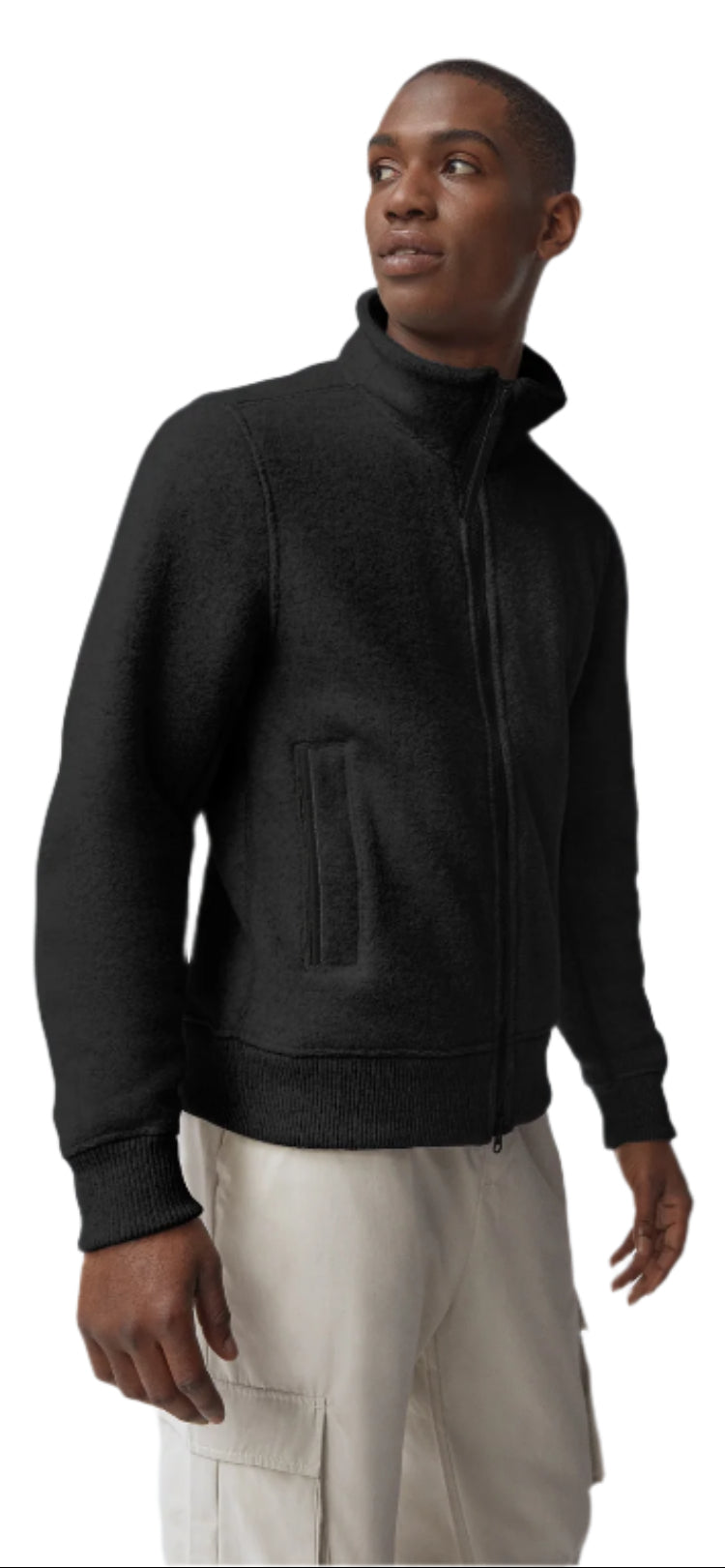 A Black zippered jacket on a person.