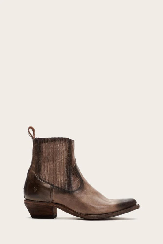 Brown ankle boot with a pointed toe and a stacked heel.