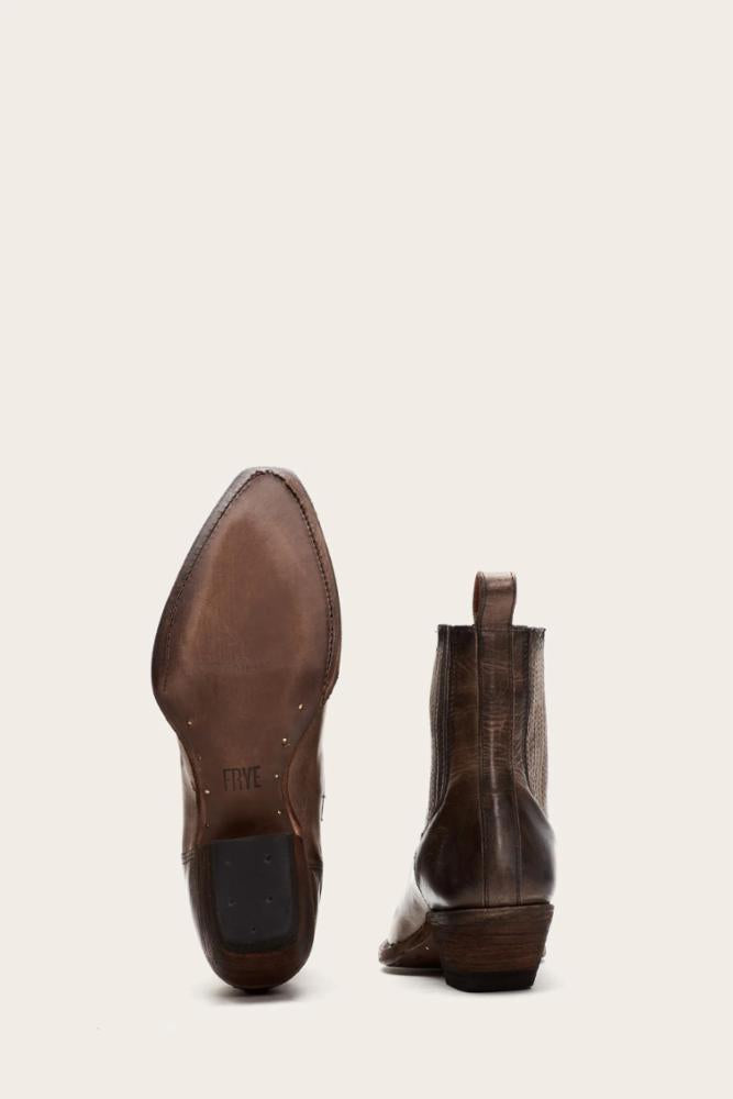 Rear view of two cowboy boots showcasing the soles and heels.