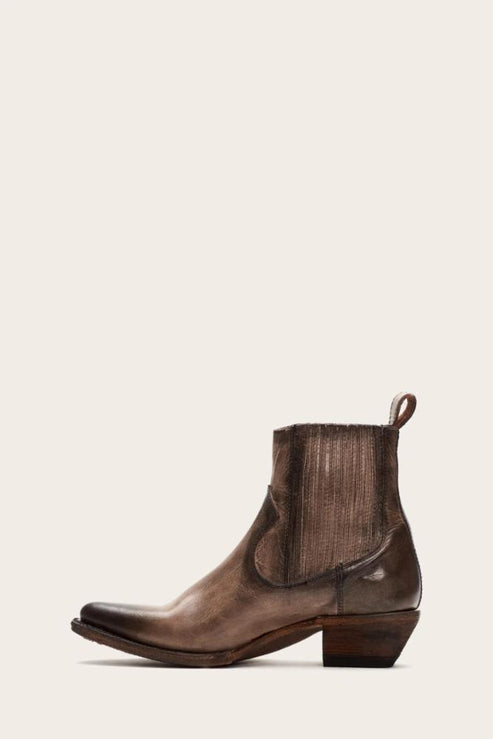 Leather cowboy ankle boot with brown distressed finish, angled heel, and elastic ankle inserts.