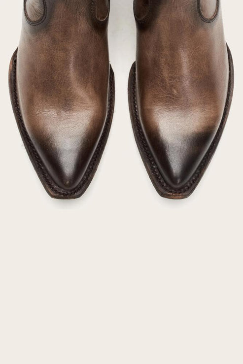 Two brown leather cowboy boot tips.