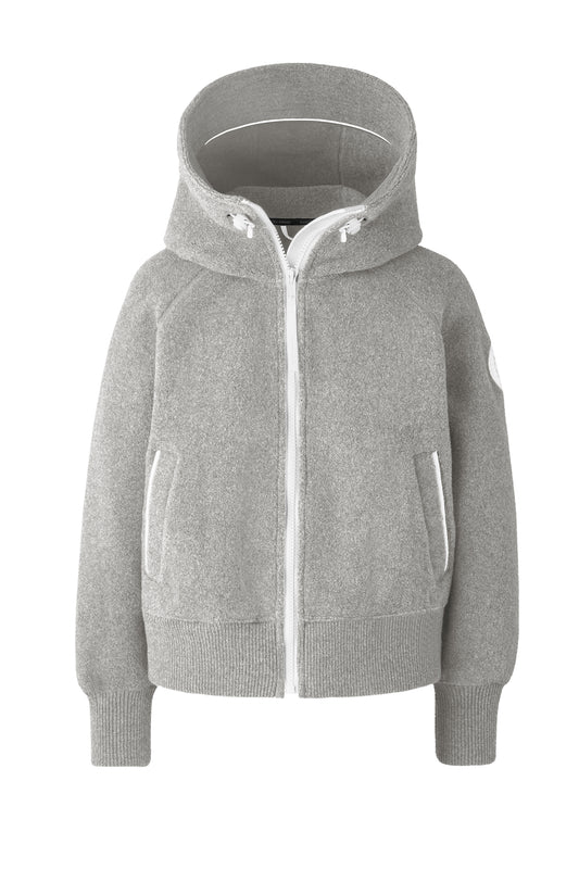 Gray, hooded zip-up sweater with white accents.