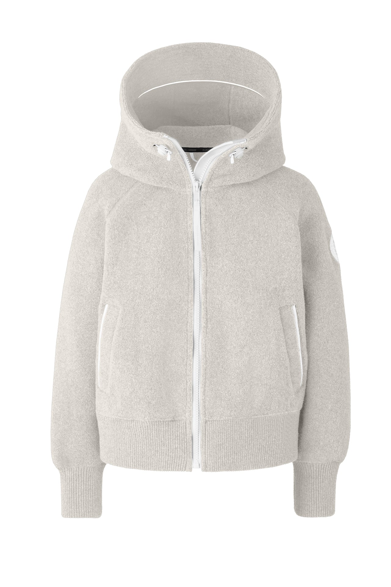 Gray hooded fuzzy jacket with a zipper.