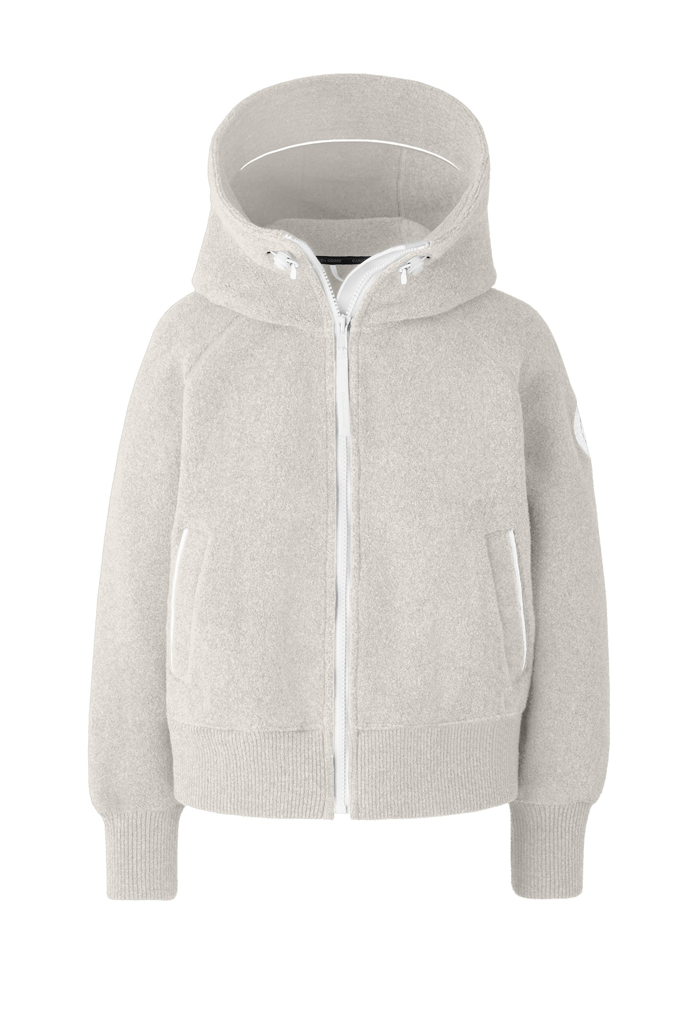 Gray hooded fuzzy jacket with a zipper.