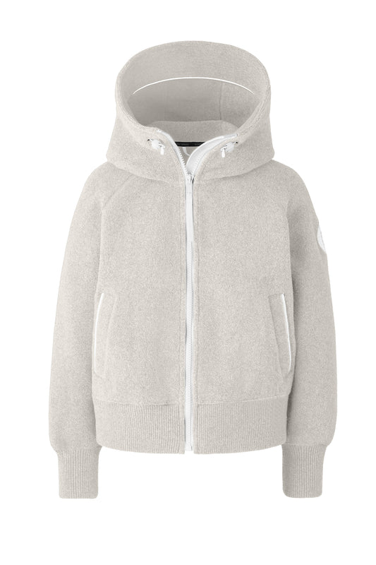 Gray hooded fuzzy jacket with a zipper.