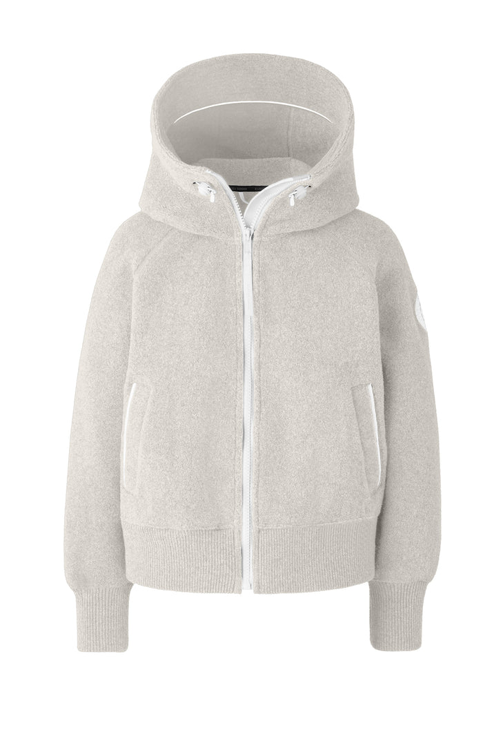 Gray hooded fuzzy jacket with a zipper.