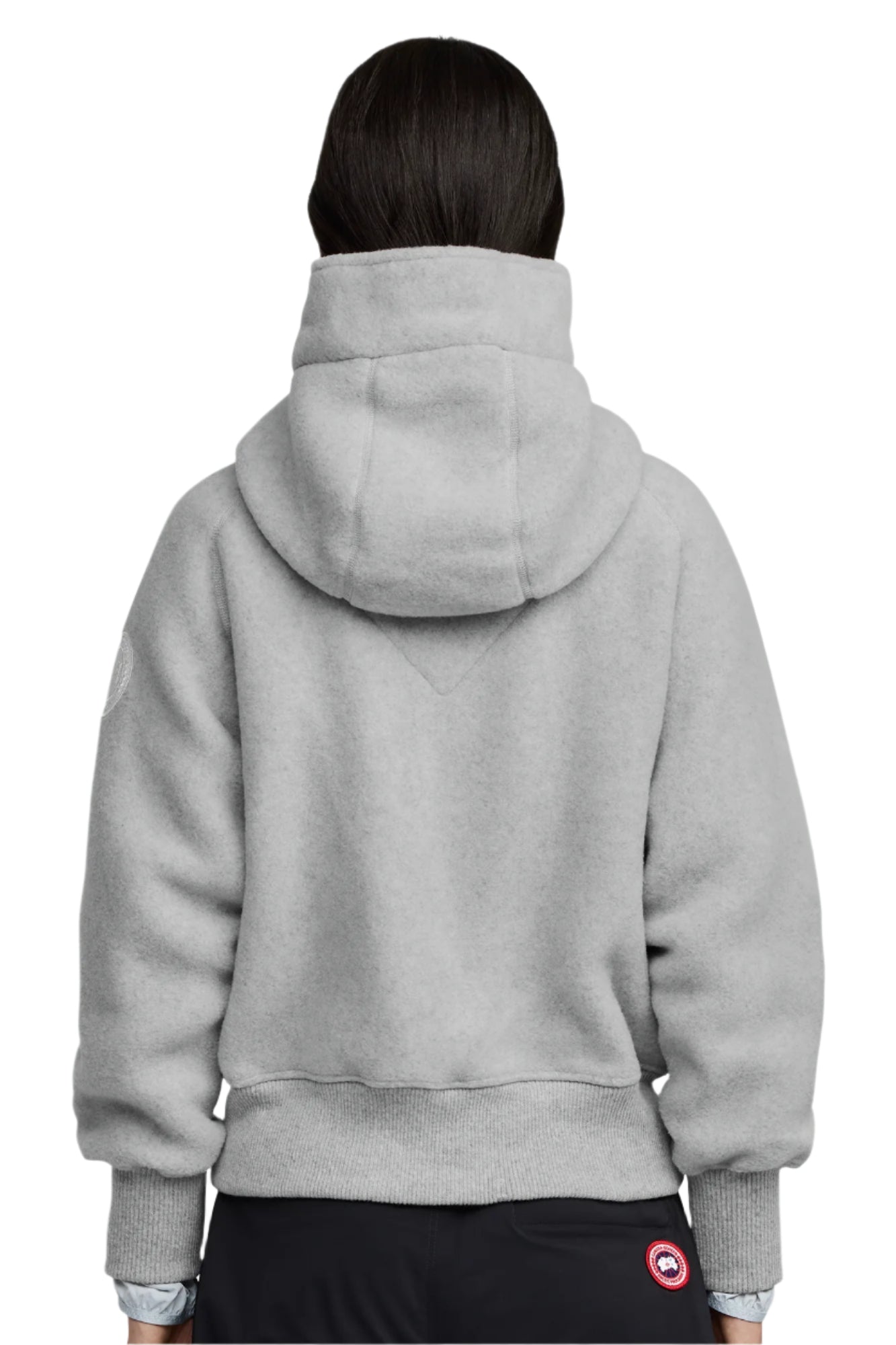 Gray sherpa hooded sweatshirt with a Canada Goose logo on the lower back.
