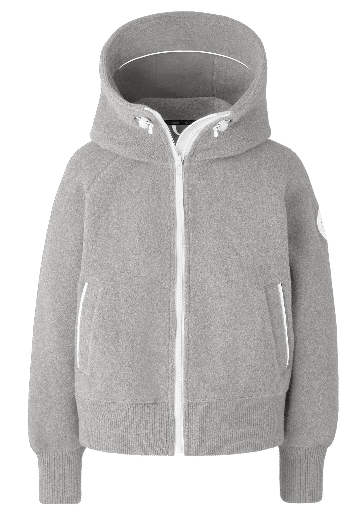 Heather gray hooded, full-zip jacket with white zipper, white trim on pockets, and white drawstring.
