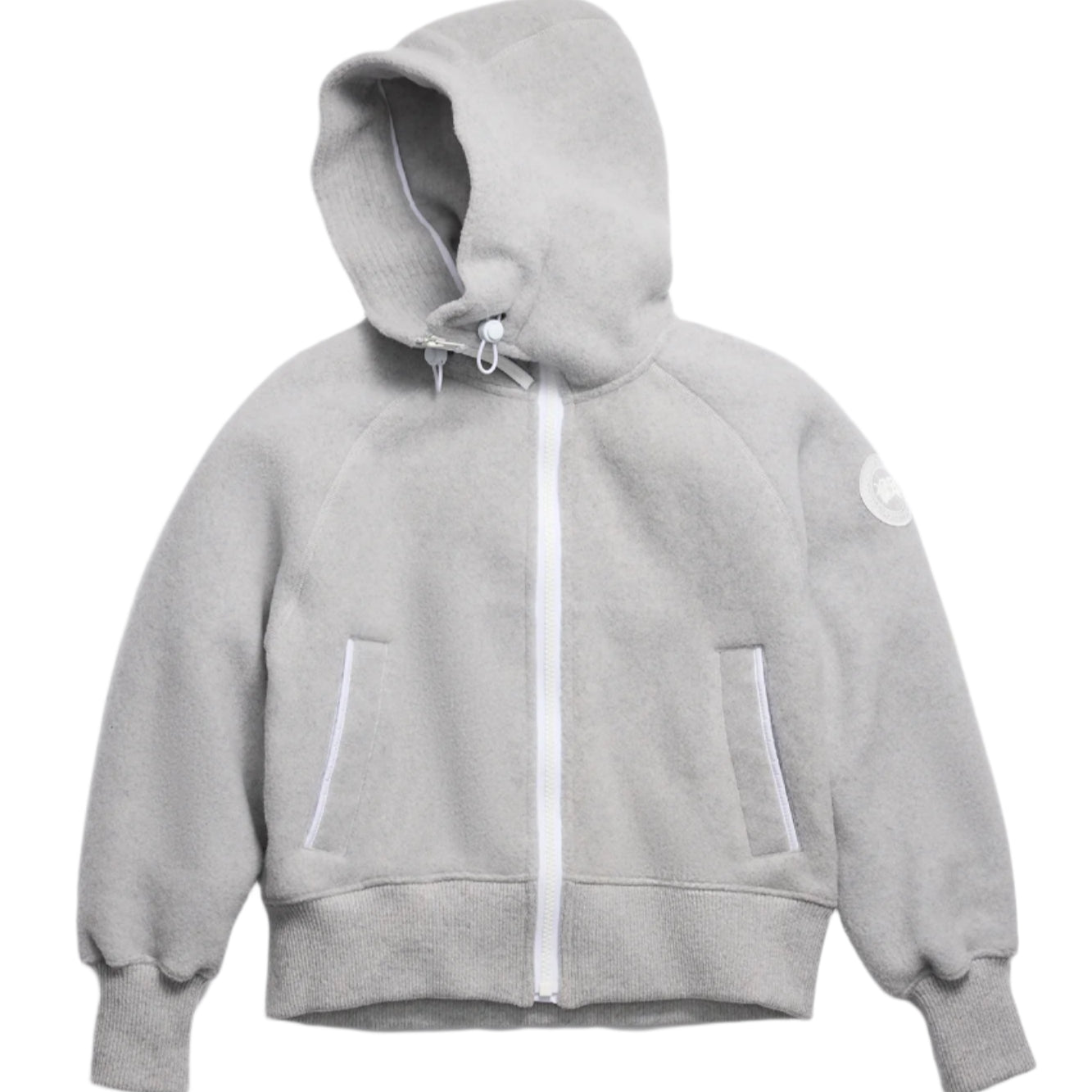 A gray hooded fleece jacket with a white zipper and two white trimmed pockets.