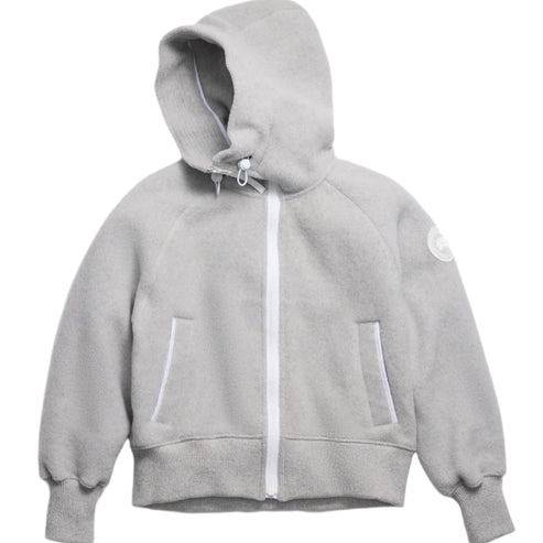 A gray hooded fleece jacket with a white zipper and two white trimmed pockets.