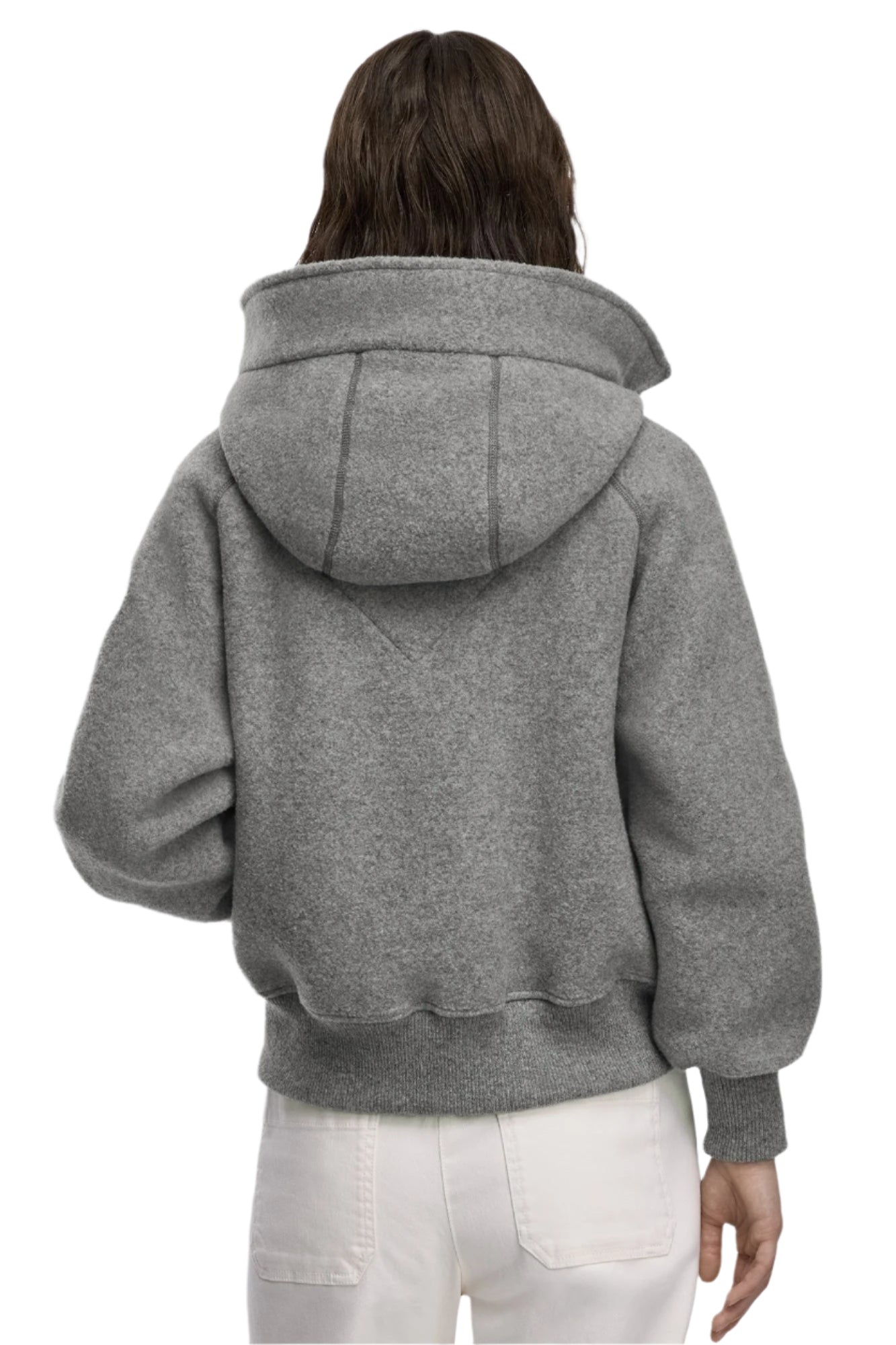 Back view of a gray wool hooded jacket with balloon sleeves.