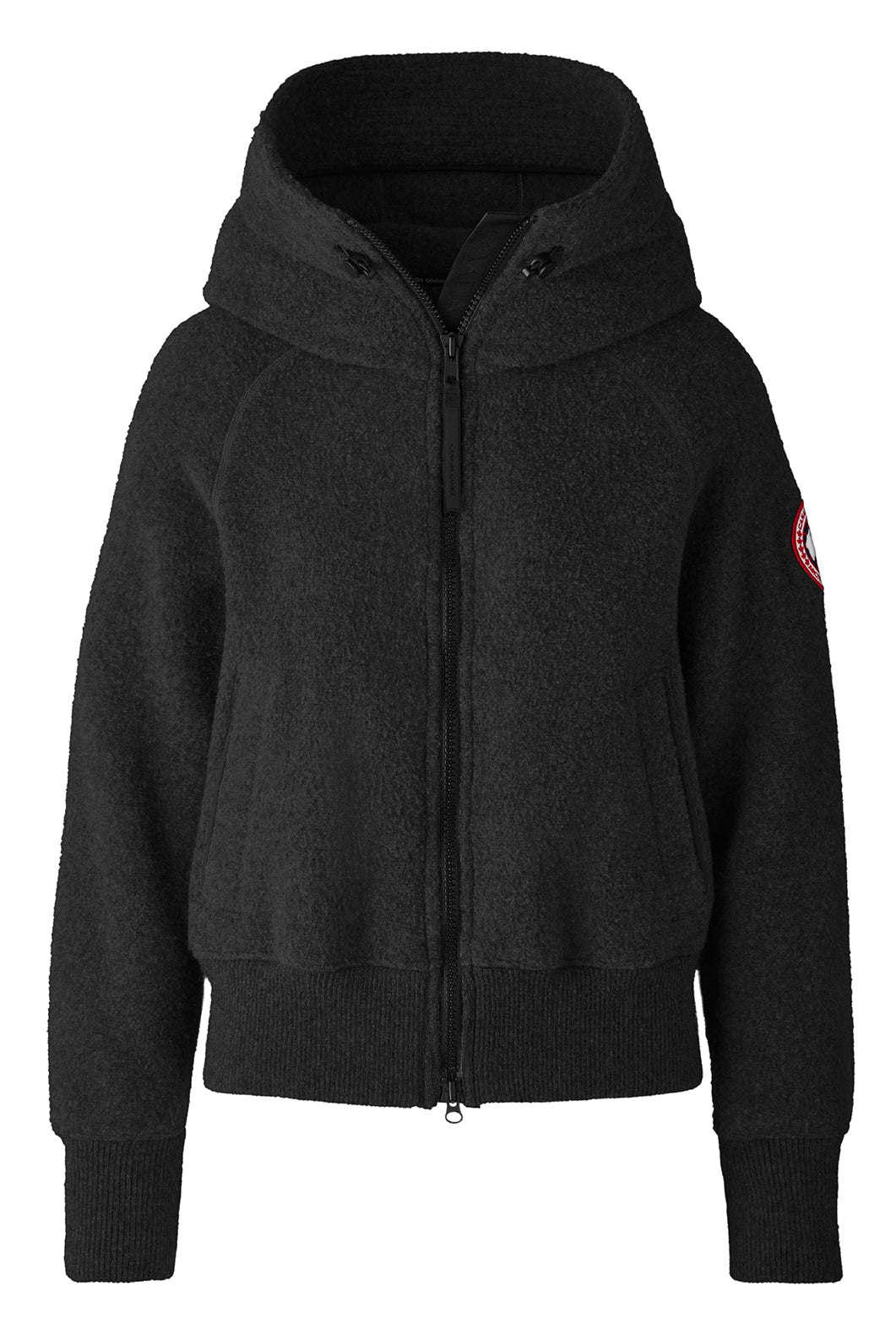 Black fleece hooded jacket with front zipper and emblem on arm.